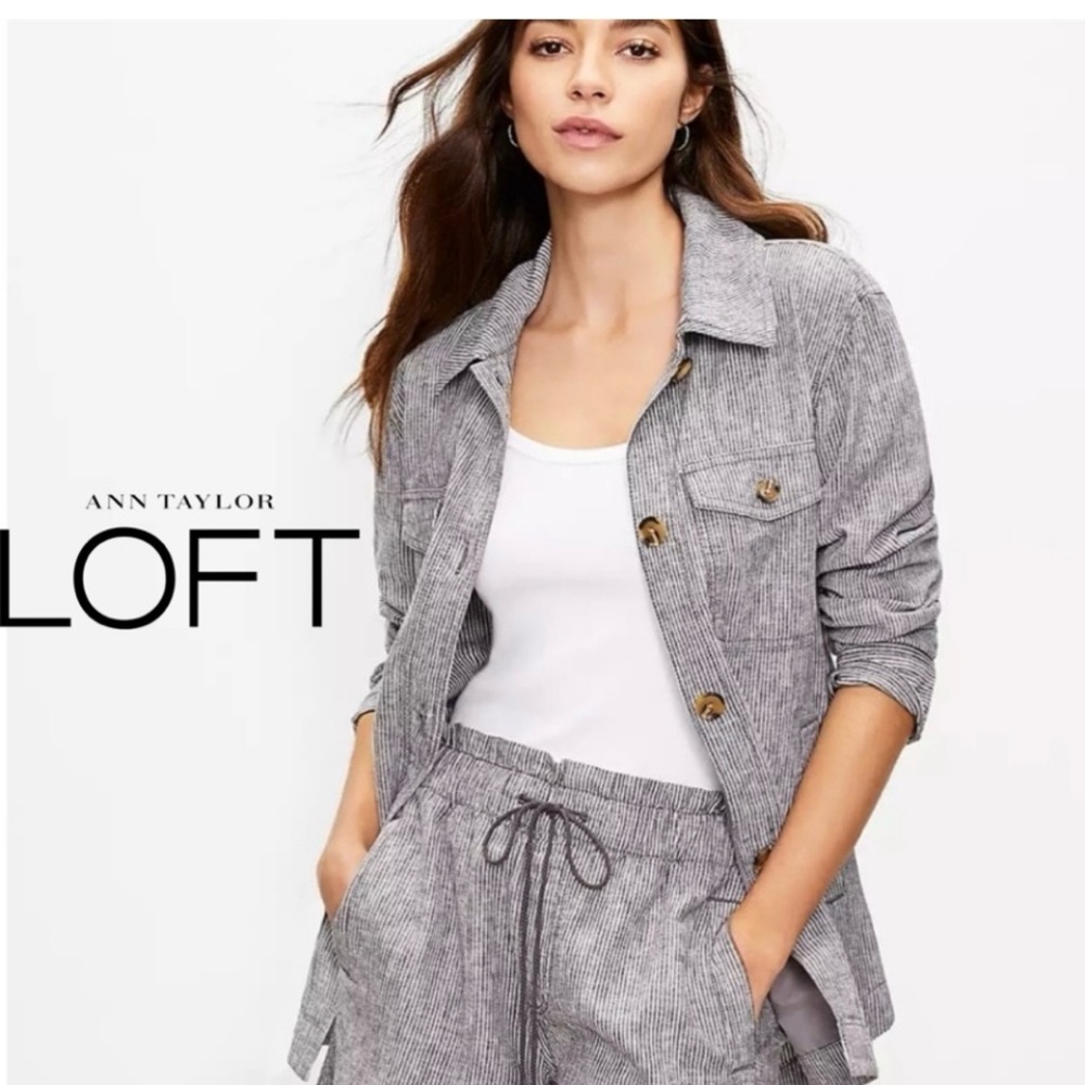 NWOT LOFT Railroad Striped Linen Shirt Jacket Size Small Chore Coat Lagen Look